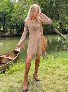 ROMWE PUNK Grunge Off Shoulder Lettuce Trim Dress - Apricot - View 4