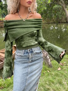 ROMWE PUNK Grunge Off Shoulder Ruched Tee - Army Green - View 5