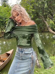 ROMWE PUNK Grunge Off Shoulder Ruched Tee - Army Green - View 6