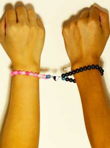 2入組情侶夜光愛心掛飾串珠手鏈 - 彩色 - 查看 2