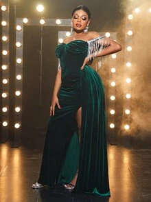 YISIKADO Plus Fringe Trim Split Thigh Velvet Prom Dress - Dark Green - View 5