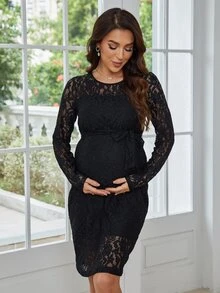 Váy Bà bầu Thắt lưng Dây kéo màu trơn Thanh lịch - màu đen - Xem 3