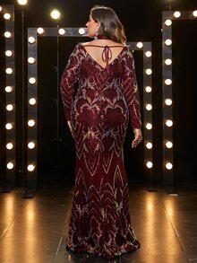 YISIKADO Plus V Neck Split Thigh Sequin Prom Dress - Burgundy - View 2