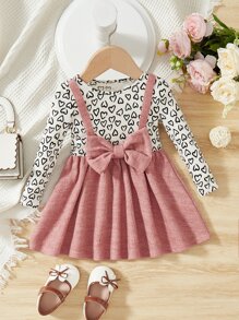 SHEIN Baby Heart Print Bow Front 2 In 1 Dress - Multicolor - View 1