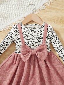 SHEIN Baby Heart Print Bow Front 2 In 1 Dress - Multicolor - View 4