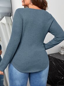 SHEIN LUNE 大碼弧形下擺華夫格編織T恤 - 霧霾藍 - 查看 2