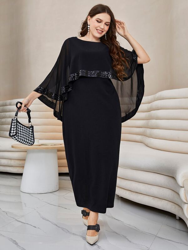 Modelyn Plus Solid Cape Dress Maxi Women Outfit Long Evening Dresses