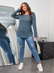 SHEIN LUNE 大碼弧形下擺華夫格編織T恤 - 霧霾藍 - 查看 4