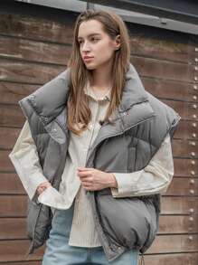 DAZY 抽绳下摆无袖拉链前衬垫口袋外套，女士冬季外套夹克背心