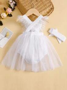 Bebé Body de malla en contraste ribete con fruncido con lazo delantero con diadema - Blanco - Ver 2