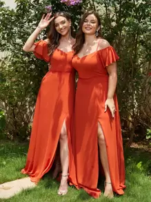 EVERPRETTY 大码女士优雅浪漫迷人露肩橘色伴娘礼服，适合秋季婚礼宾客 - 亮橙色 - 查看 4