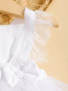 Bebé Body de malla en contraste ribete con fruncido con lazo delantero con diadema - Blanco - Ver 3