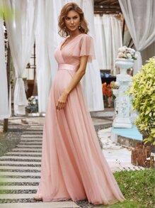 Romantic V-Neck A-Line Sheer Pink Bridesmaid Dress, Suitable For Wedding Guests, Formal Occasions, Valentine's Day, Birthday Party