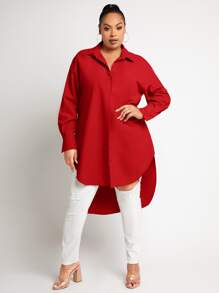 SHEIN SXY X EvetteXO大碼素色前短後長襯衫 - 紅色 - 查看 1