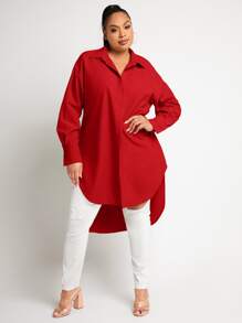 SHEIN SXY X EvetteXO大碼素色前短後長襯衫 - 紅色 - 查看 3