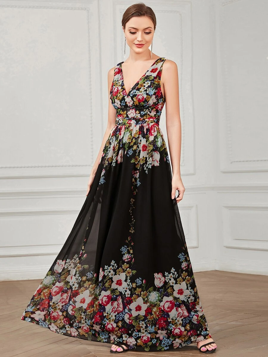 Double V Neck Floral Print Formal Evening Gown Elegant Bridesmaid Dress - Multicolor - View 1
