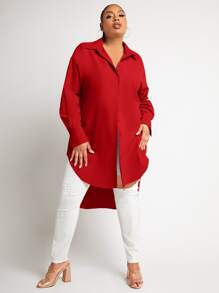 SHEIN SXY X EvetteXO大碼素色前短後長襯衫 - 紅色 - 查看 4