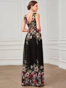 Double V Neck Floral Print Formal Evening Gown Elegant Bridesmaid Dress - Multicolor - View 2