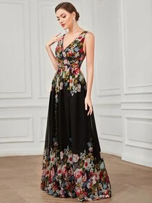 Double V Neck Floral Print Formal Evening Gown Elegant Bridesmaid Dress - Multicolor - View 4
