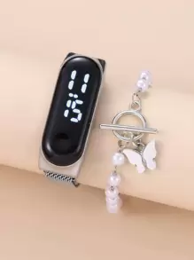 1 件女式银色锌合金表带休闲椭圆形表盘数字手表和 1 件手链，适合日常生活，可作为返校学生的礼物 - 銀色 - 查看 5