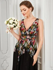 Double V Neck Floral Print Formal Evening Gown Elegant Bridesmaid Dress - Multicolor - View 6