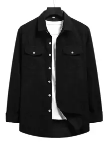 Manfinity Homme Men 1pc Corduroy Flap Pocket Button Front Shirt - Black - View 1