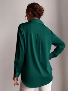 GENKIRA 纽扣纯色衬衫圣诞节节日派对服装纽扣衬衫女士 - 綠色 - 查看 2