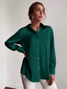 GENKIRA 纽扣纯色衬衫圣诞节节日派对服装纽扣衬衫女士 - 綠色 - 查看 3