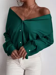 GENKIRA 纽扣纯色衬衫圣诞节节日派对服装纽扣衬衫女士 - 綠色 - 查看 6