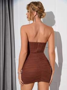 PARTHEA 褶邊圍裹緊身網紗抹胸連衣裙 - 咖啡棕 - 查看 2