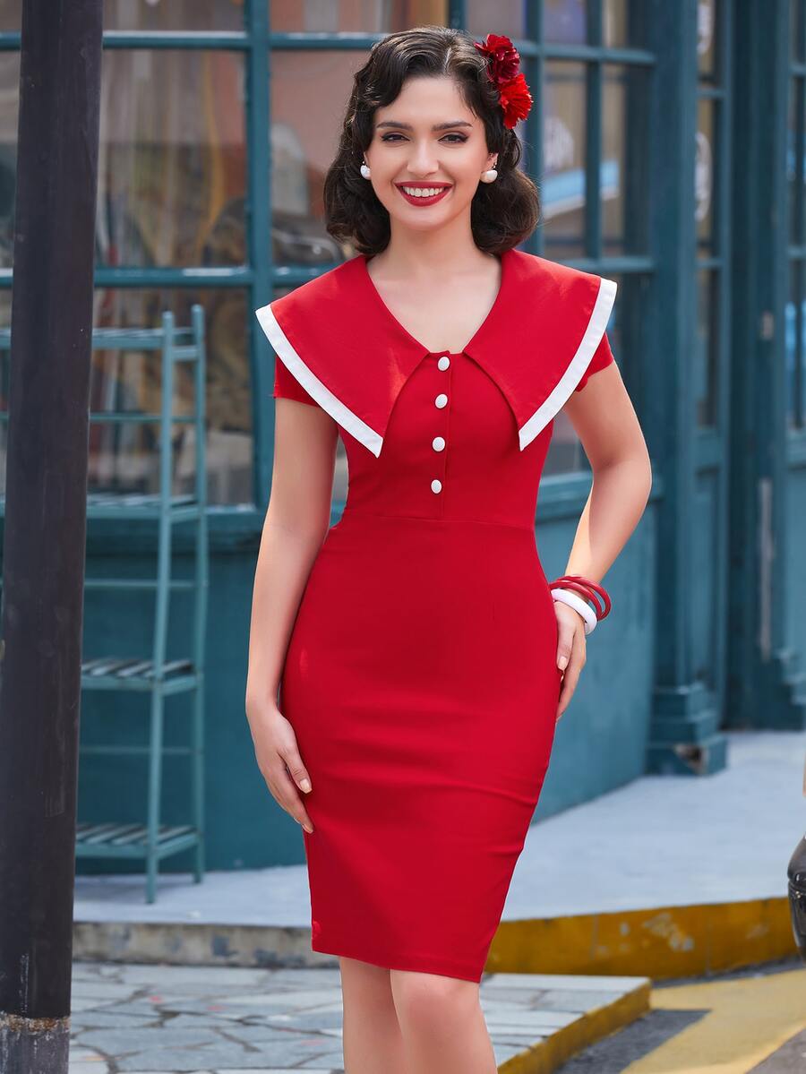 MUXXN Contrast Trim Statement Collar Button Front Bodycon Dress - Red - View 1