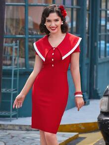 MUXXN Contrast Trim Statement Collar Button Front Bodycon Dress - Red - View 5