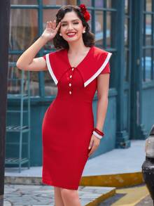 MUXXN Contrast Trim Statement Collar Button Front Bodycon Dress - Red - View 6