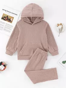 小女童素色螺紋針織3D耳朵袋鼠口袋連帽衫和長褲