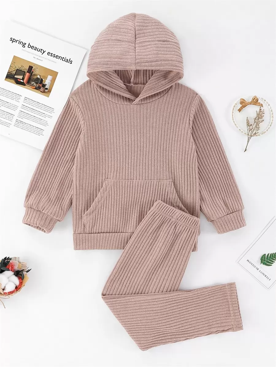 小女童素色螺紋針織3D耳朵袋鼠口袋連帽衫和長褲
