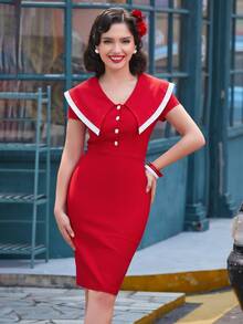 MUXXN Contrast Trim Statement Collar Button Front Bodycon Dress - Red - View 4