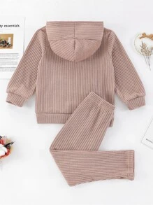 小女童素色螺紋針織3D耳朵袋鼠口袋連帽衫和長褲