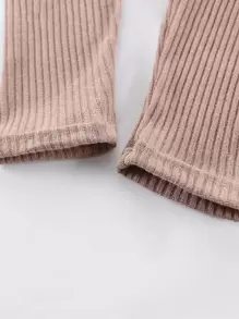 小女童素色螺紋針織3D耳朵袋鼠口袋連帽衫和長褲