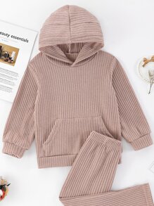 小女童素色螺紋針織3D耳朵袋鼠口袋連帽衫和長褲