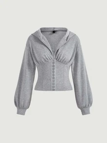 SHEIN MOD Hook and Eye Front Hoodie - Light Grey - View 2