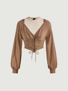 SHEIN MOD 2 In 1 Lace Up Front Sweatshirt - Khaki - View 1
