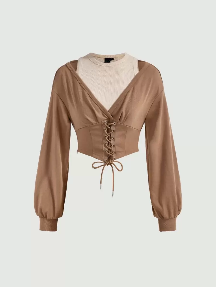 SHEIN MOD 2 In 1 Lace Up Front Sweatshirt - Khaki - View 1