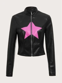 SHEIN ICON Bikercore Star Pattern Zip Up Crop PU Leather Jacket - Black - View 1