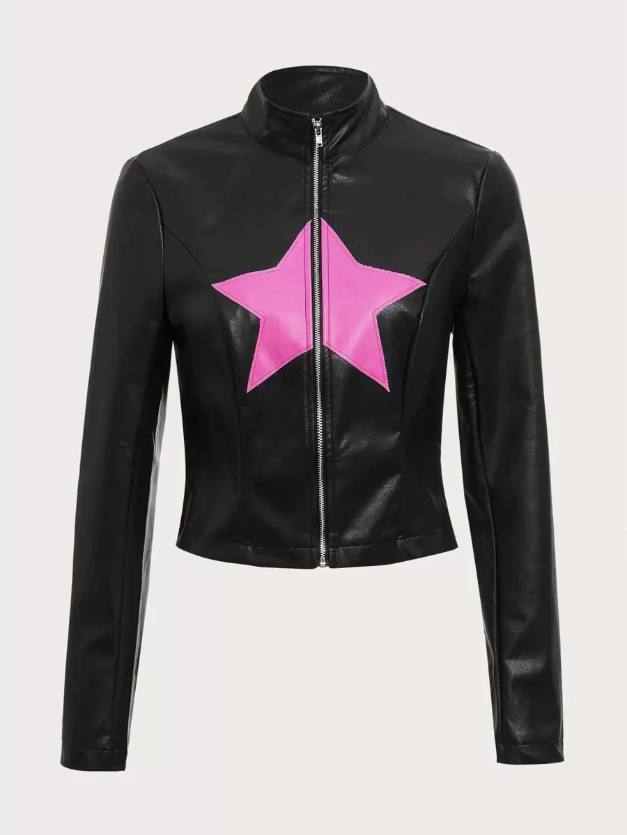 SHEIN ICON Bikercore Star Pattern Zip Up Crop PU Leather Jacket - Black - View 1
