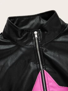 SHEIN ICON Bikercore Star Pattern Zip Up Crop PU Leather Jacket - Black - View 3