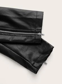 SHEIN ICON Bikercore Star Pattern Zip Up Crop PU Leather Jacket - Black - View 4