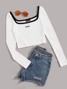 SHEIN EZwear Contrast Trim Embroidered Letter Rib-knit Top - White - View 1