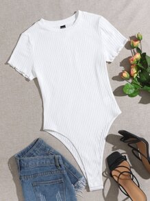 SHEIN EZwear Lettuce Trim Rib-knit Tee Bodysuit - White - View 1