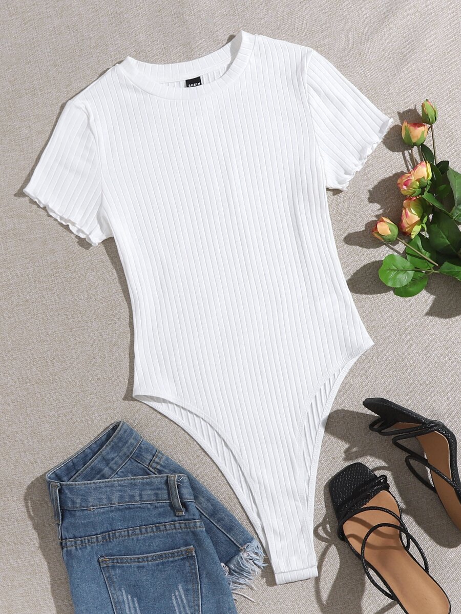 SHEIN EZwear Lettuce Trim Rib-knit Tee Bodysuit - White - View 1