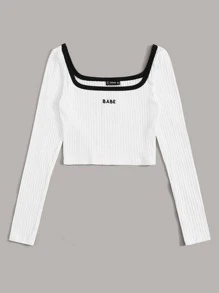 SHEIN EZwear Contrast Trim Embroidered Letter Rib-knit Top - White - View 4